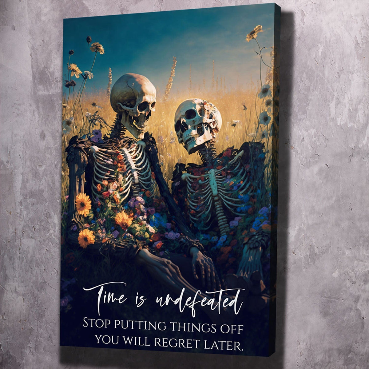 Skeleton Couple Flowers - Time is Undefeated Wall Art, inspirational quote wall art by Impaktiv