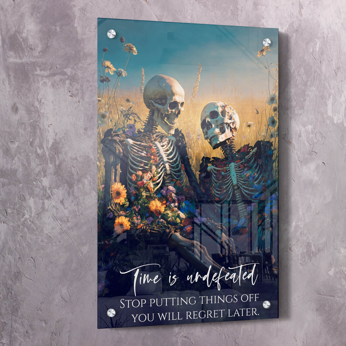 Skeleton Couple Flowers - Time is Undefeated Wall Art, alternate artwork view by Impaktiv