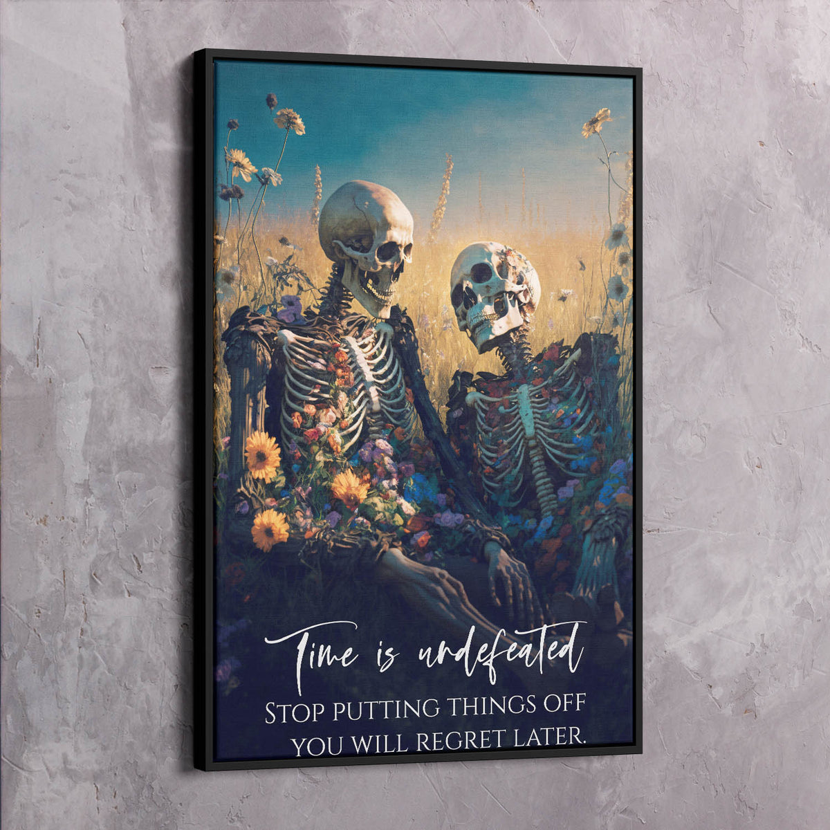 Skeleton Couple Flowers - Time is Undefeated Wall Art, alternate artwork view by Impaktiv