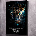 Leopard cat wall art canvas with blue eyes and quote: “We get in life what we tolerate”