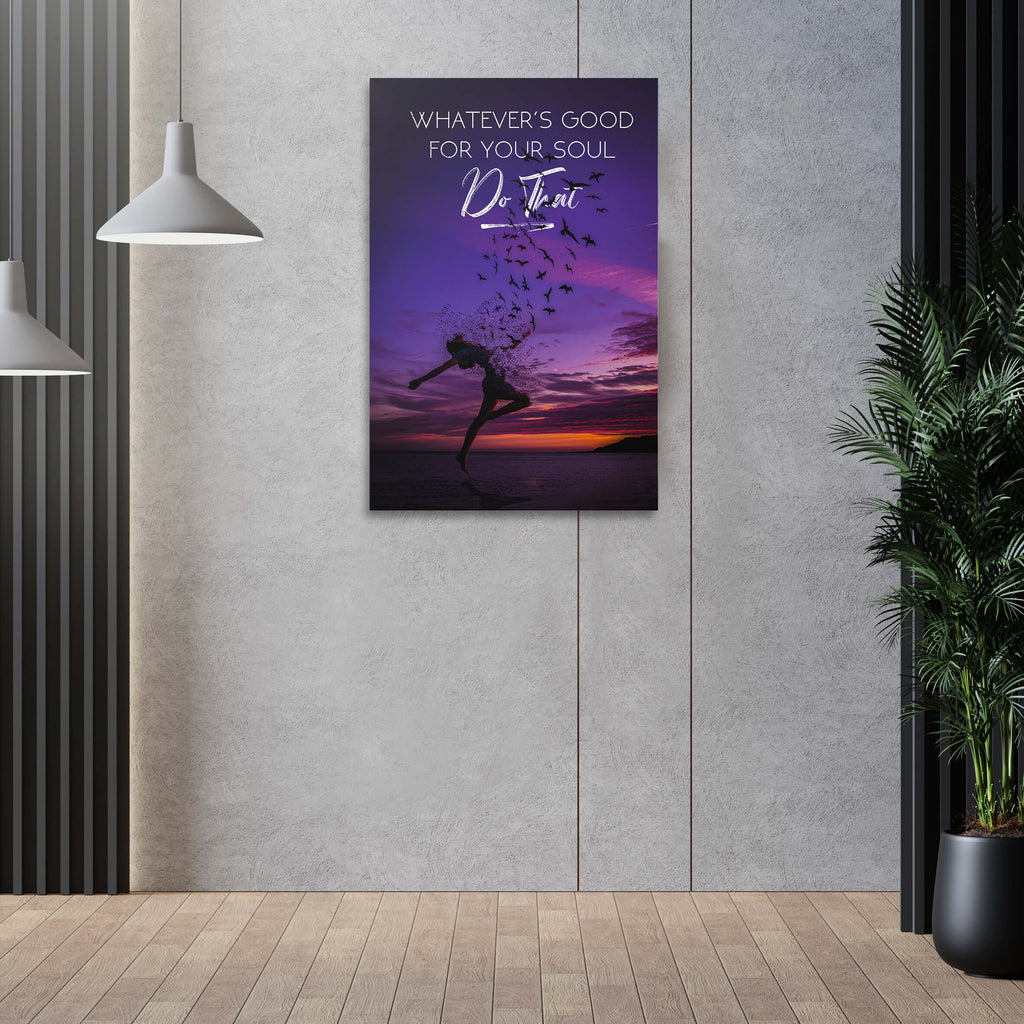 Motivational wall art canvas on wall with purple sunset, dancer silhouette, and birds