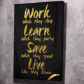 Black canvas wall art with gold motivational quote, stacked hand-lettered lines